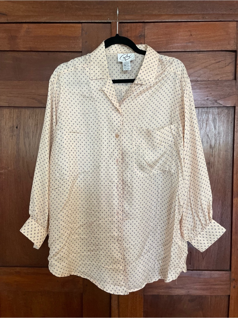 100%silk vintage Rusty Peach Silk Shirt with Navy Geometric Print